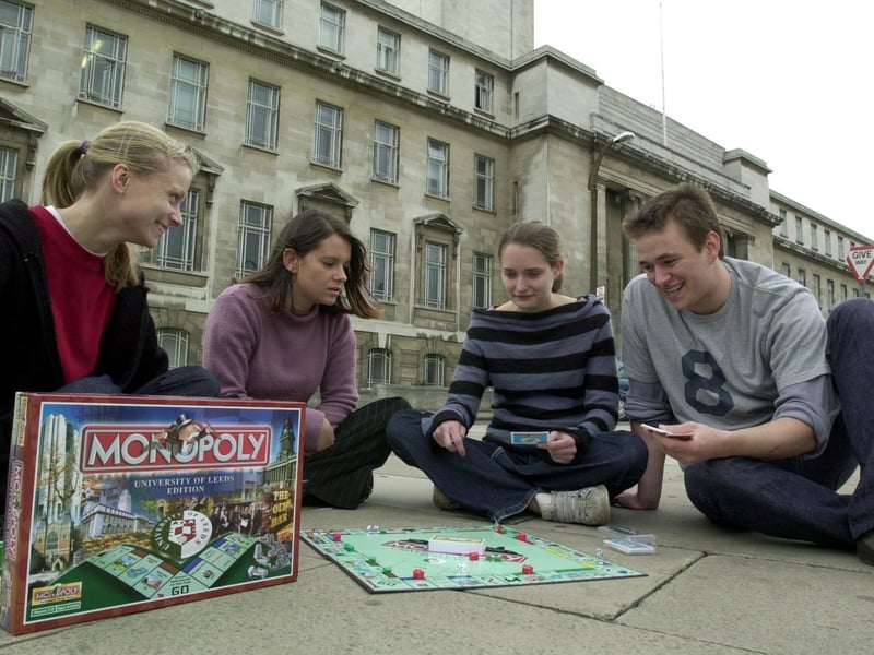 A University of Leeds edition of Monopoly was launched in May 2002. Pictured are students, from left, Sarah Yandell, Emma McGinty, Agnes Woolley and Will Rowson playing outside the Parkinson Building.