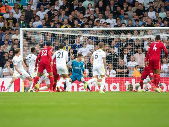 CORNER WOES: Fabinho puts Liverpool 2-0 up by netting from close range as Leeds fail to clear Trent-Alexander Arnold's corner. Picture by Tony Johnson.