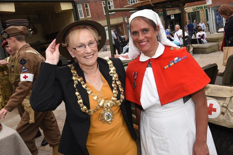 The Mayor of Wigan Coun Yvonne Klieve with Emma Hastings, right, at the field hospital exhibition, part of the event.
