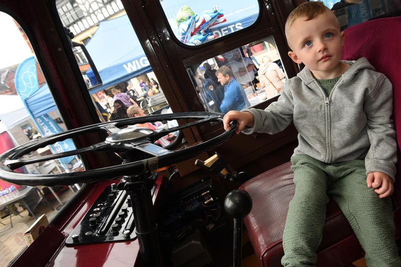 Teddie Daly, three, in the bus driver's seat of the Leyland Royal Tiger 101
