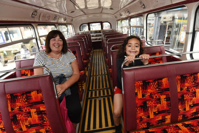 Margaret Bishop and Aisake, six, on the vintage bus -  the Wigan Corporation Transport, Leyland Royal Tiger 101.