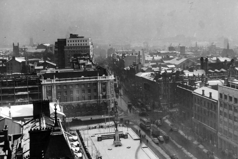 The Headrow from Leeds Town Hall clock tower in December 1955.