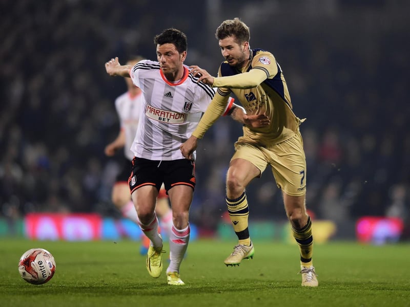Luke Murphy battles for the ball with Fulham's Tim Hoogland.