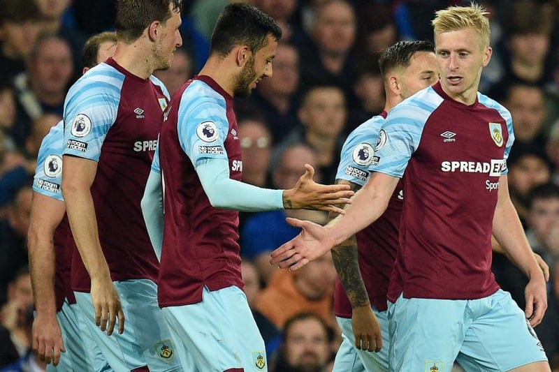 Ben Mee celebrates his goal with Dwight McNeil who was celebrating his 100th Premier League appearance.