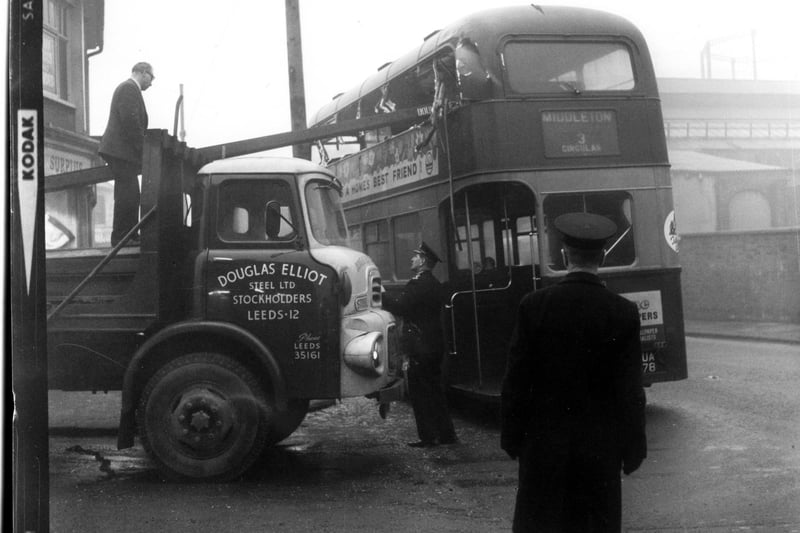 The aftermath of a collision between a bus and a lorry in Dewsbury Road in January 1966.