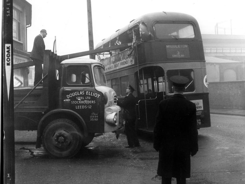 The aftermath of a collision between a bus and a lorry in Dewsbury Road in January 1966.