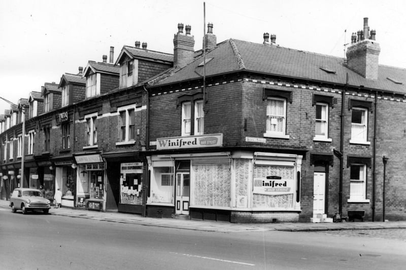 Beeston Road, at junction with Ashfield Terrace in Jun e 1964.  The parade of shops includes grover Howard Stanley, D.B. Food supermarket and Winifred's hair stylist