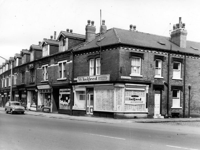 Beeston Road, at junction with Ashfield Terrace in Jun e 1964.  The parade of shops includes grover Howard Stanley, D.B. Food supermarket and Winifred's hair stylist