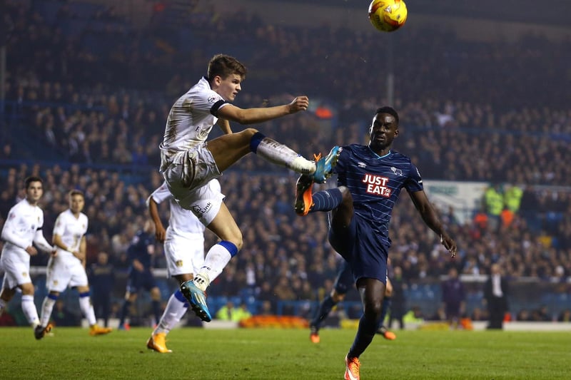 Sam Byram clears the ball from Derby County's Simon Dawkins during the  Championship clash at Elland Road in November 2014.