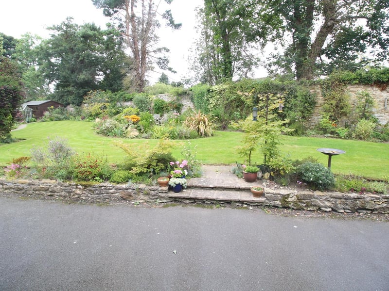 View of the lawn and shrubs, with a garden shed tucked away to the rear.