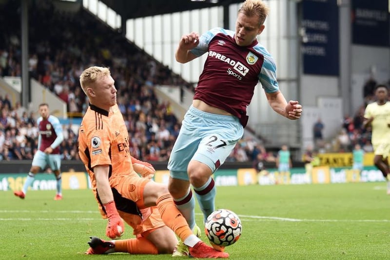 Aaron Ramsdale appears to upend Burnley striker Matej Vydra.