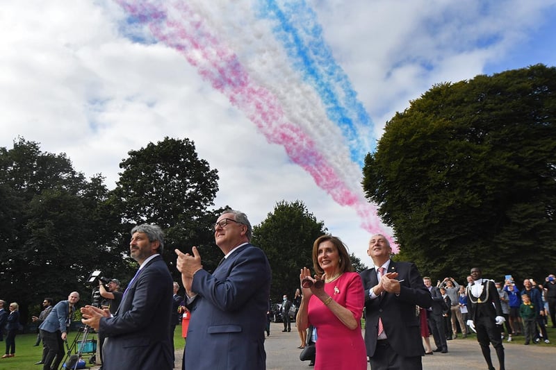 Roberto Fico, the President of the Italian Chamber of Deputies, Richard Ferrand, the President of the French National Assembly, Nancy Pelosi, Speaker of the US House of Representatives, and Sir Lindsay Hoyle, Speaker of the House of Commons, watch as the Red Arrows fly over Astley Hall.
Credit: ©UK Parliament/Jessica Taylor