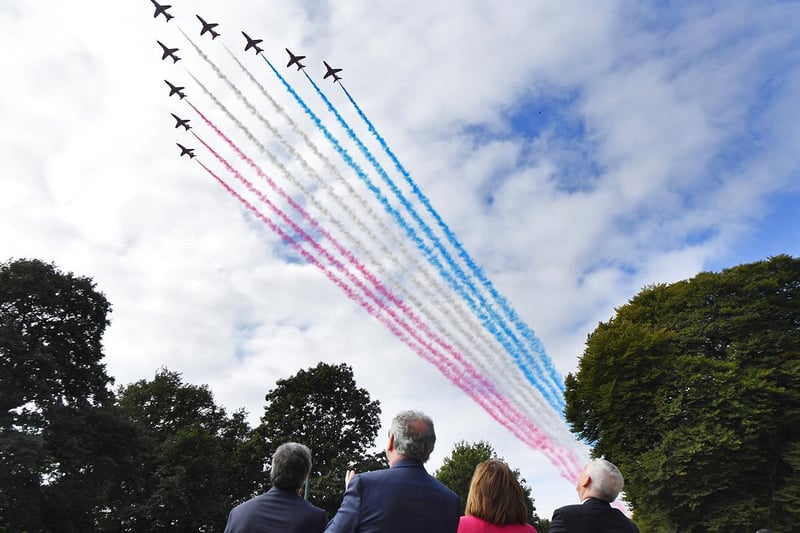 The Speakers watch as the Red Arrow fly over Astley Hall.
Credit: ©UK Parliament/Jessica Taylor