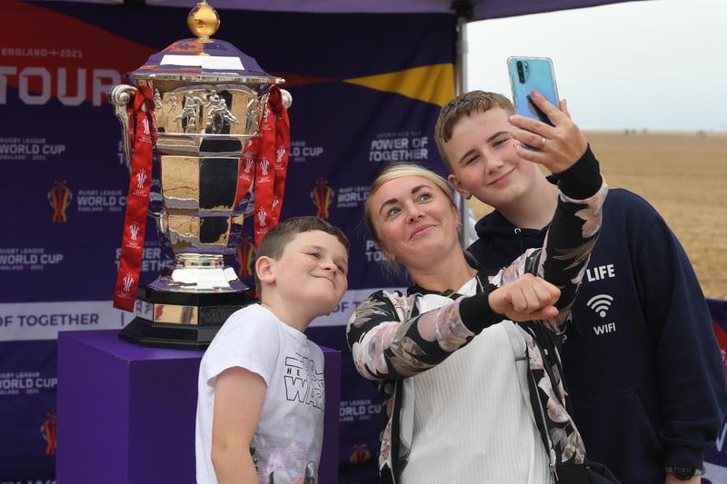 The Rugby League World Cup has been postponed to next year, but there was the opportunity at the event to get a selfie with the trophy