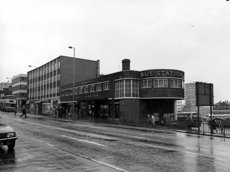 Vicar Lane showing the West Yorkshire Road Car Company Bus Station in October 1980. The junction with Lady Lane is on the right.