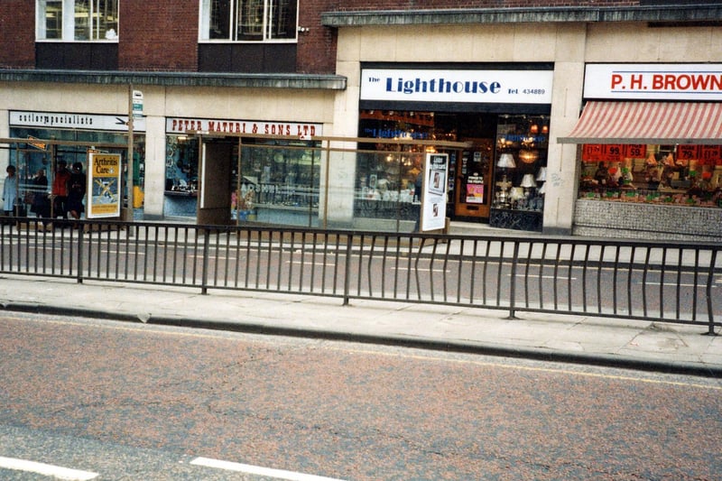 Eastgate in March 1984. Pictured, from left., Peter Maturi Cutlery specialist, Lighthouse lamps and P.H. Brown, butchers.