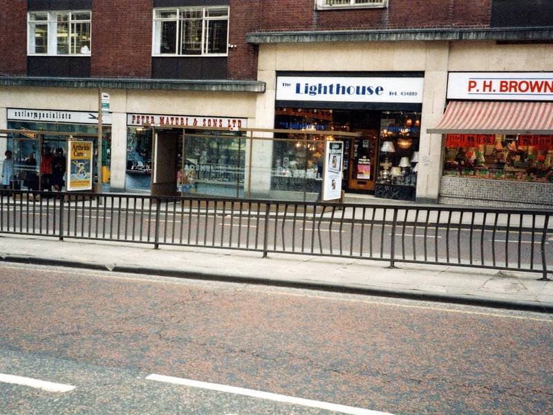 Eastgate in March 1984. Pictured, from left., Peter Maturi Cutlery specialist, Lighthouse lamps and P.H. Brown, butchers.