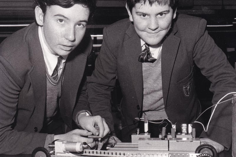 Corpus Christi High School was one of five schools offering pupils a new technology course from the third year onwards in January 1983. Pictured are Tony Raftery and Andrew Walton working on an electronic 'car'.