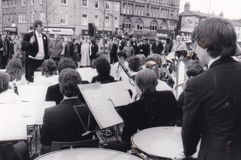 Students from Leeds College of Music sounded a note of protest in March 1985 when the wind ensemble put on a lunchtime performance. They were reacting to reports, which Leeds City Council had denied, that there were plans to rehouse the college when responsibility for it transferred from Leeds Education Authority to Leeds City Council's Leisure Services.