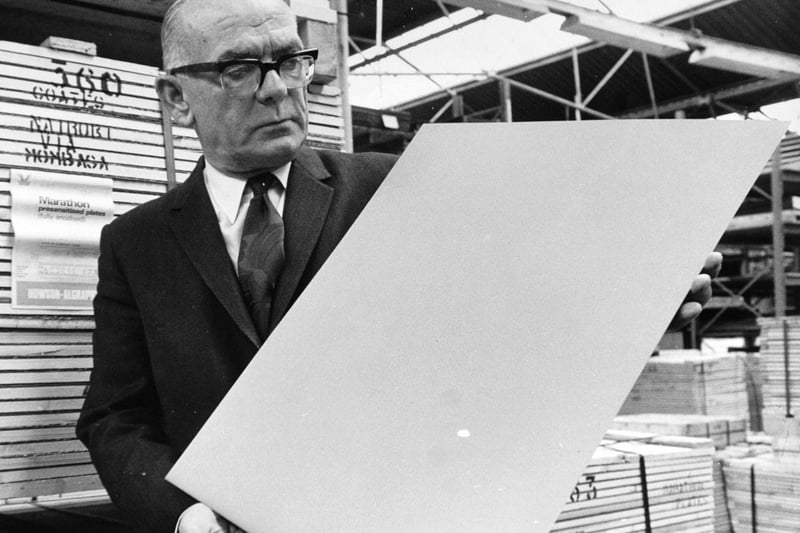 This is F. P. Tanner, managing director of Howson-Algraphy Ltd on Coal Road who were awarded the Queens Award for Industry. He is pictured in April 1973 examining one of the printing plates manufactured by the firm.