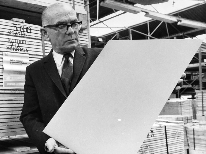 This is F. P. Tanner, managing director of Howson-Algraphy Ltd on Coal Road who were awarded the Queens Award for Industry. He is pictured in April 1973 examining one of the printing plates manufactured by the firm.