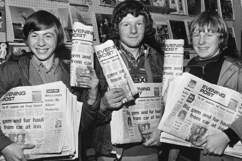Newspaper boys, from left, Philip Craven, Stephen Thackray and David Cowling are  ready to start their rounds from R. Bennett's shop in North Parkway in January 1972.