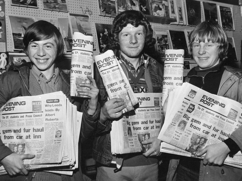 Newspaper boys, from left, Philip Craven, Stephen Thackray and David Cowling are  ready to start their rounds from R. Bennett's shop in North Parkway in January 1972.