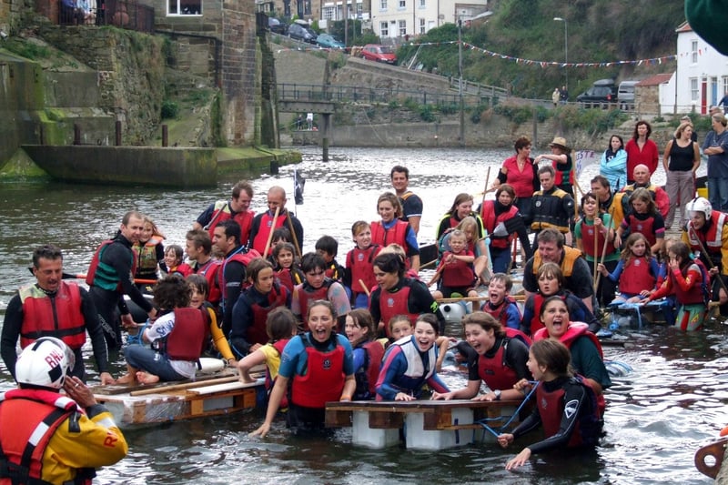 Having fun on the rafts at Staithes Lifeboat Weekend.