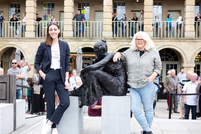 Suranne Jones and Sally Wainwright with the Anne Lister statue