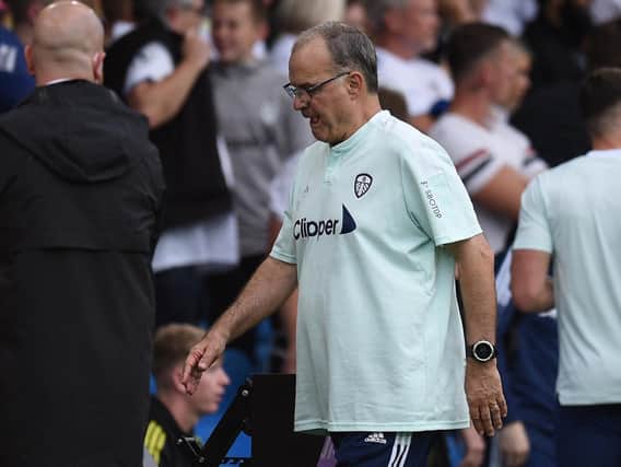 ELUSIVE: Leeds United and head coach Marcelo Bielsa, above, have found the first win of the new Premier League season hard to come by so far. Photo by OLI SCARFF/AFP via Getty Images.