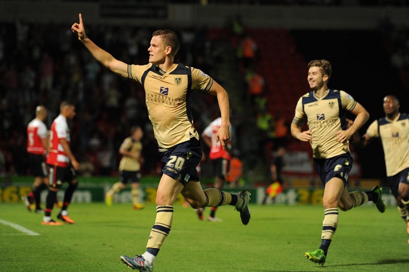 Matt Smith celebrates scoring his first goal for Leeds United. It was against  Doncaster Rovers at the Keepmoat during  3-1 League Cup second round win in August 2013.