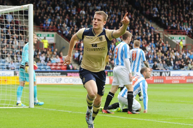 Matt Smith  celebrates scoring against Huddersfield Tiown during the Championship clash at the John Smith's Stadium in October 2013. Leeds lost 3-2.