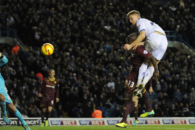 Matt Smith heads home against Watford during the Championship clash at Elland Road in December 2013. The game finished 3-3.