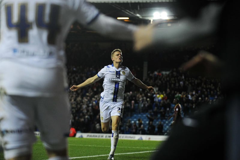 Matt Smith celebrates after scoring Leeds United's second goal.
