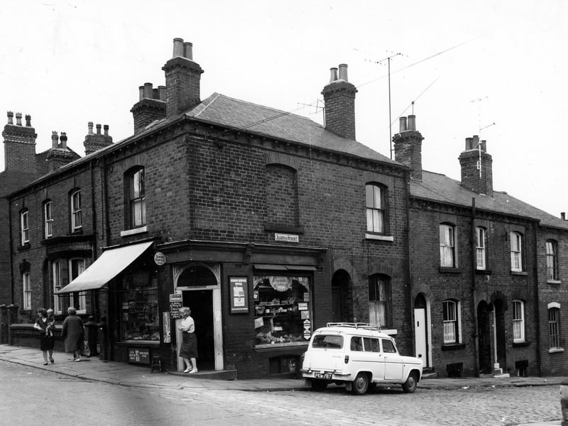 Looking across Malvern Road to the junction with Algeria Street in July 1964. The shop occupies premises on the corner and sells groceries and 'local grown caulis, cabbages, carrots and peas.'