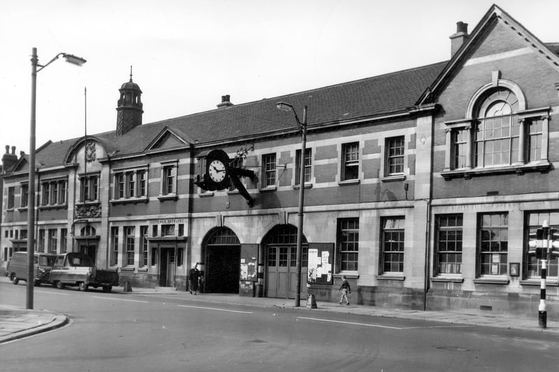 Dewsbury Road in August 1964.The public library is pictured on the left and the police station on the right.