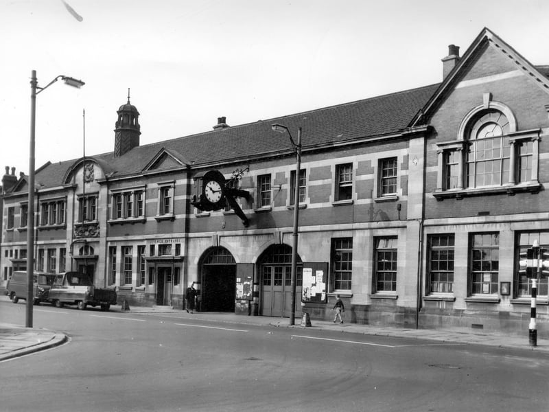 Dewsbury Road in August 1964.The public library is pictured on the left and the police station on the right.