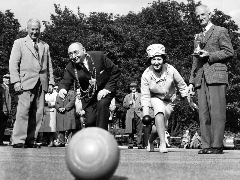 Lord Mayor of Leeds, Alderman Joshua S. Walsh and his wife, the Lady Mayoress, have a turn at bowling during the Veteran's Cup Final at Cross Flatts Park in August 1966.