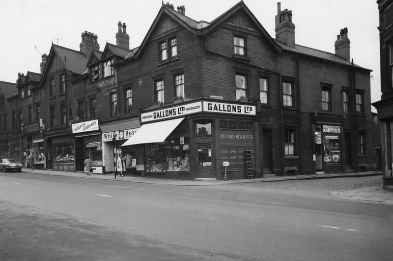 A parade of shops on Beeston Road at the junction with Marquis Street in July 1964.  On the corner of Marquis Street is Gallons Ltd Provision Merchants where advertised in the windows are pork luncheon, eat at 1/9, fruit salad 1/4 and fresh butter at 2/3 a pound.