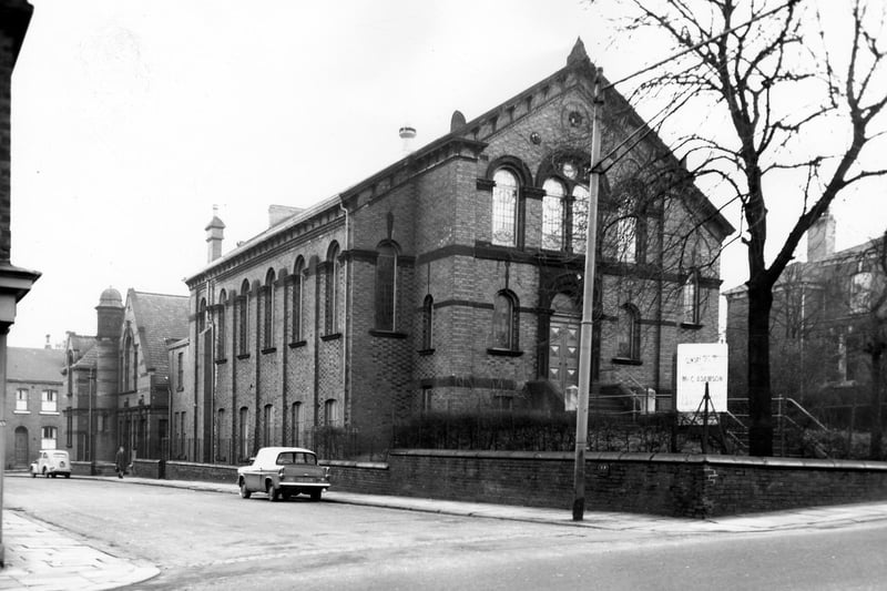 The Wesleyan Church looking from Beeston Road down Lady Pit Street to Lady Pit Place in December 1965.