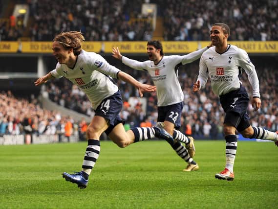 Luca Modric celebrates scoring for Tottenham Hotspur in 2009. Pic: Shaun Botterill/Getty