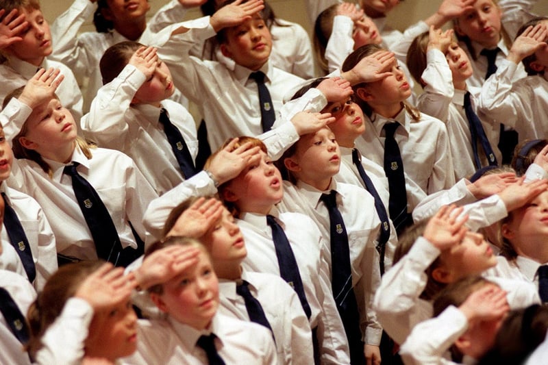 Wakefield Girls' High School compete in the Junior category of the National School Choirs Festival at Hiuddersfield Town Hall in October 1999.