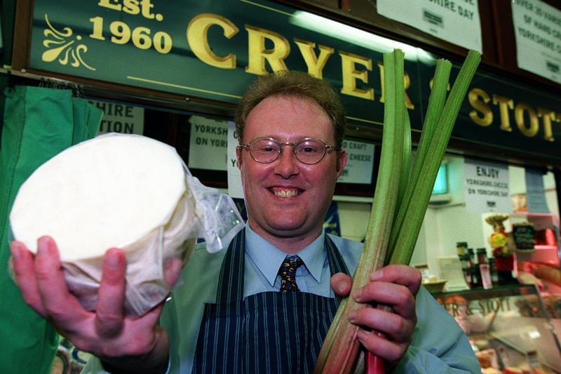 Cryer and Stott in Wakefield was selling rhubarb cheese in August 199. Pictured is Richard Holmes with some of the cheese.