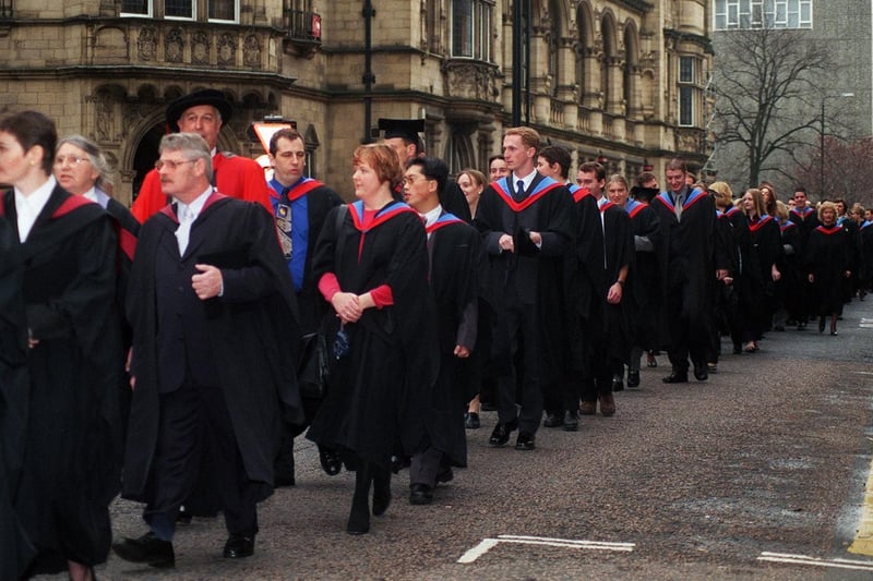 Graduates walking from Wakefield College to Wakefield Cathedral for the College's  graduation ceremony in November 1999.