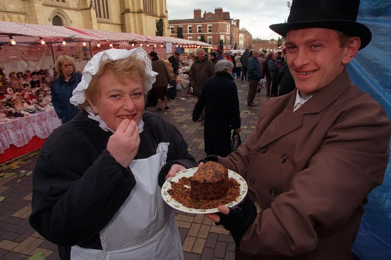 Wakefield's annual Victorian Market was proving popualr with shoppers in November 1999. Pictured is Marjorie Wood and her son John, of The Cake Box in Castleford.