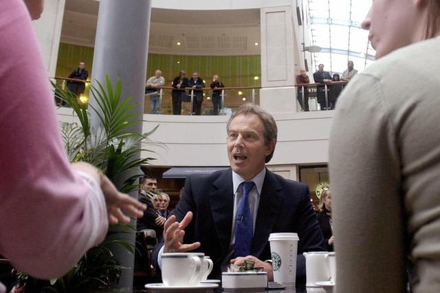 Prime Minister Tony Blair chats with shoppers including Jess Haig (left), a Leeds University student at a cafe in The Light shopping centre. Mr Blair described his encounter with Miss Haig as "a useful exchange".