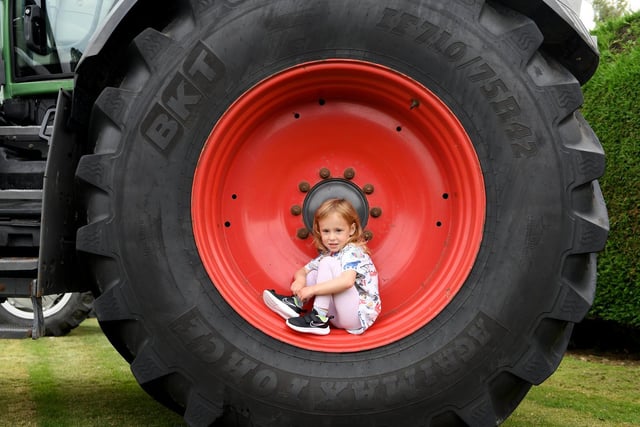 Emily Lamb (aged 4) sat in a giant tractor wheel