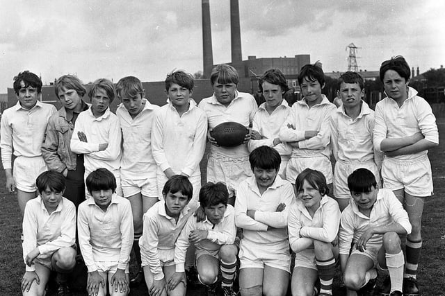 Wigan Under-11s rugby league squad line up in the shadow of Westwood Power Station Poolstock in 1972