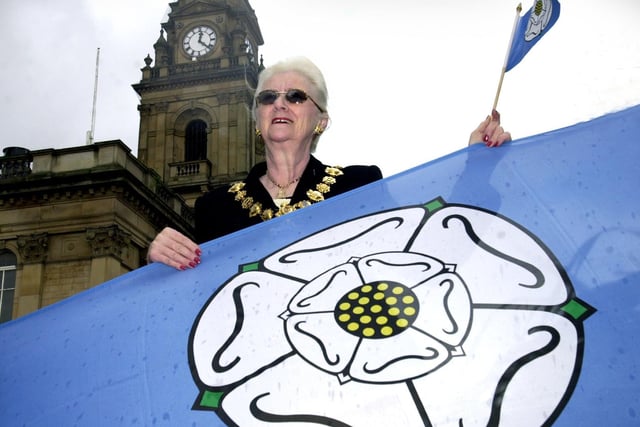 Mayor of Morley Coun Judith Elliott with the Yorkshire flag that was due to fly on the top of Morley Town Hall to celebrate Yorkshire Day.