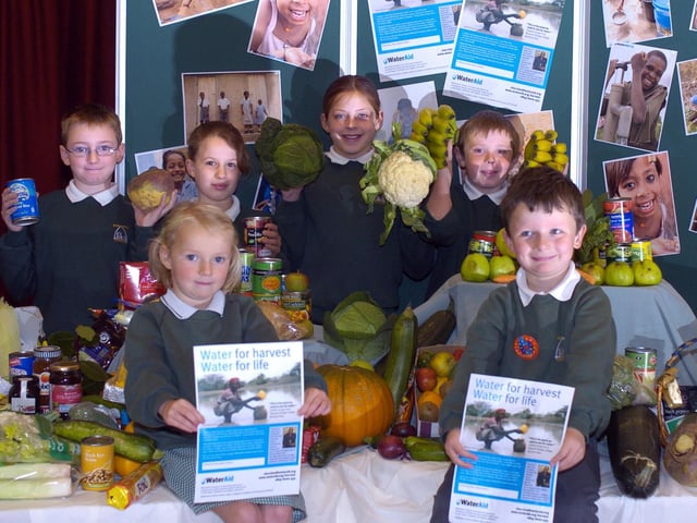 Airy Hill Primary School pupils donate harvest festival produce.